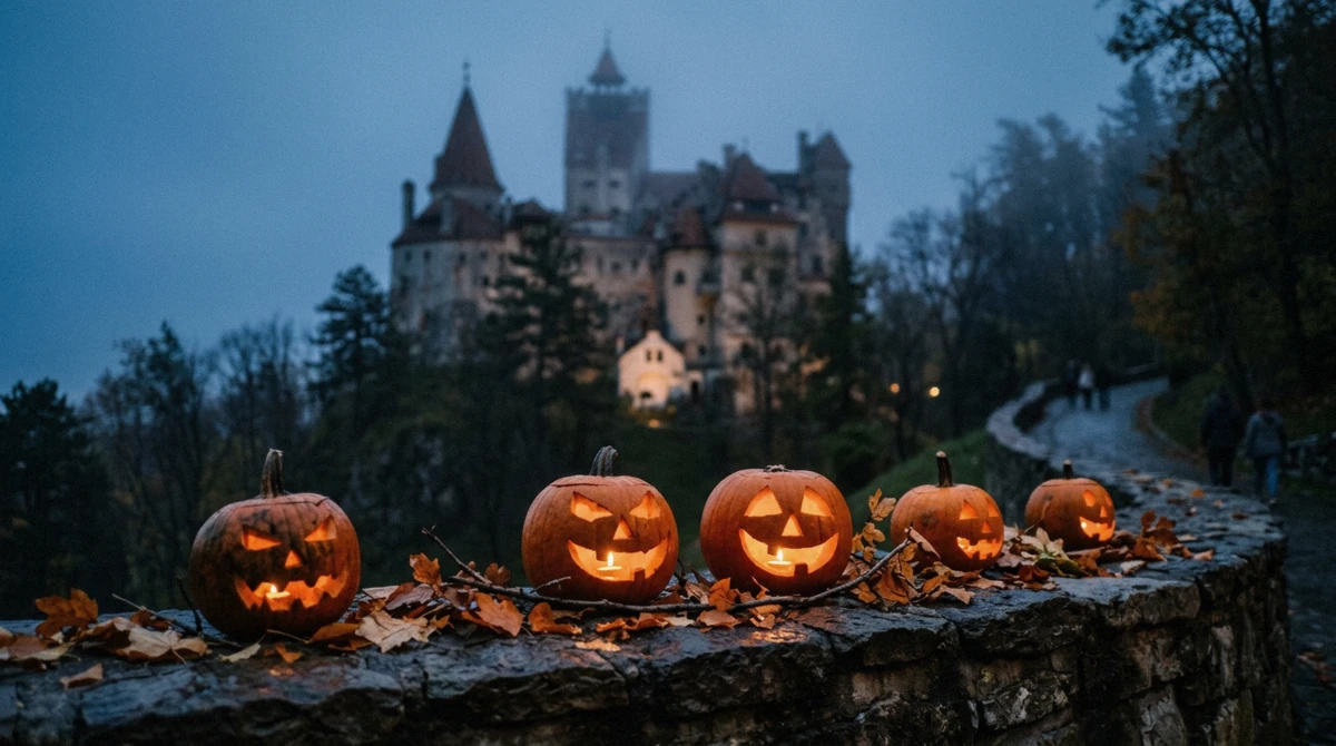 Carved pumpkins below Bran Castle at dusk during Bran Castle Halloween week