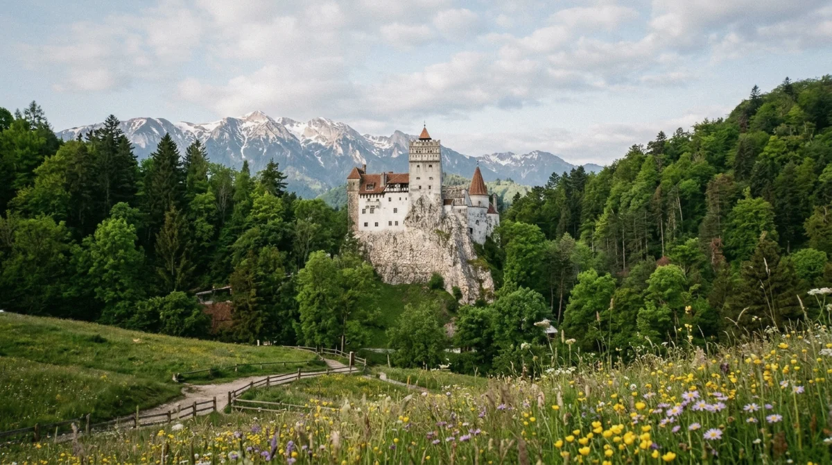 Bran Castle in late May with green forest and wildflowers, one of the best times to visit Bran Castle