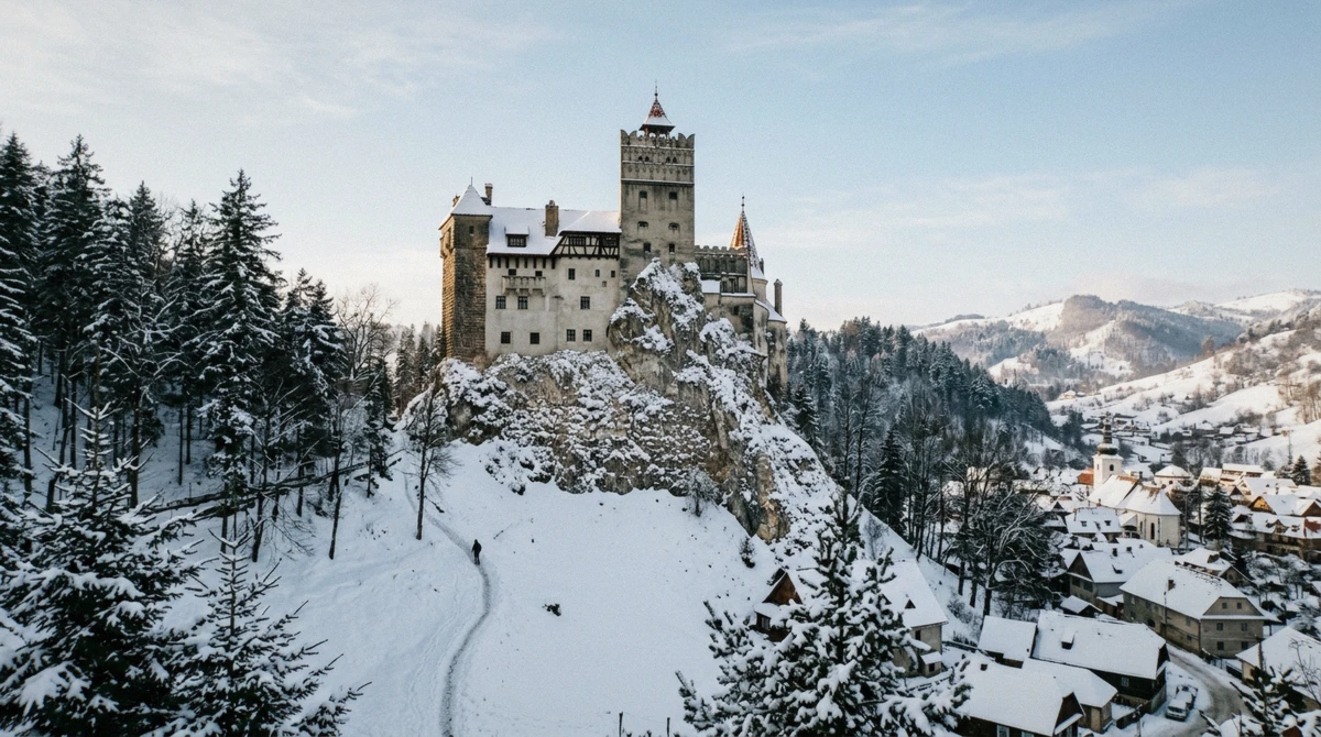 Bran Castle under fresh snow on a January morning, the quiet season to visit Bran Castle
