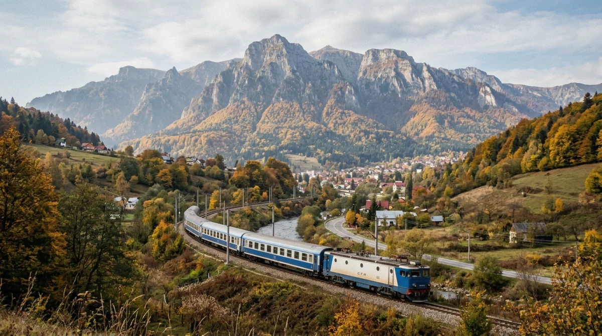 A train in the Prahova Valley under the Bucegi cliffs, the rail route from Bucharest toward Bran Castle