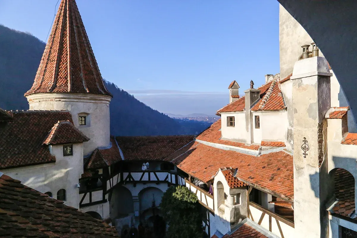 The towers and inner courtyard of Bran Castle, what Bran Castle tickets let you into