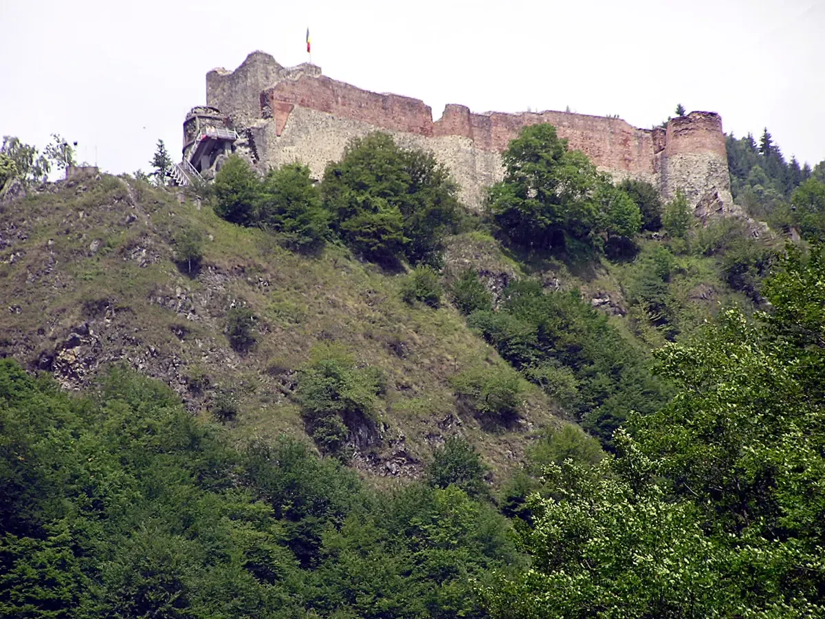 Poenari Castle on its cliff above the forest in Arges County