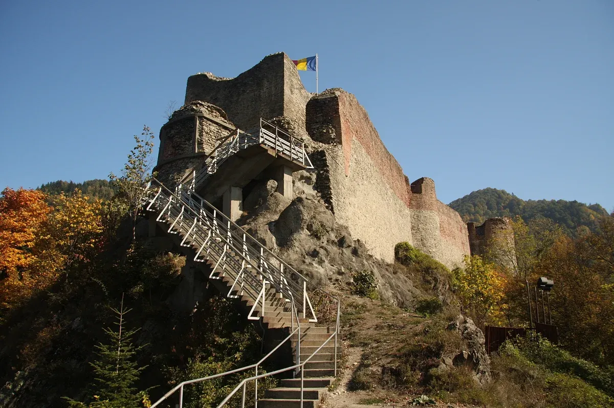 The stairs and ruined towers of Poenari Castle on its peak above the Arges valley